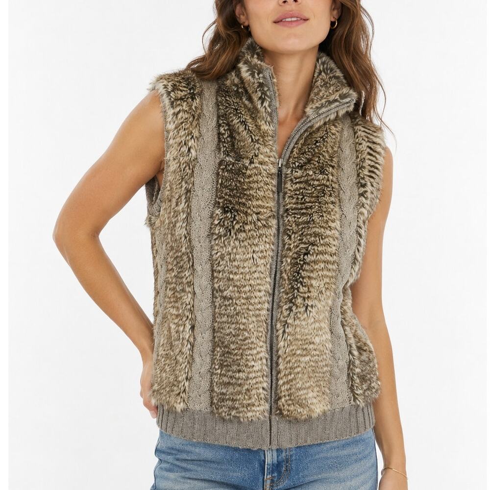 2/$30 Fuda Faux Fur Cable Knit Vest Tan Brown Full Zip Size S